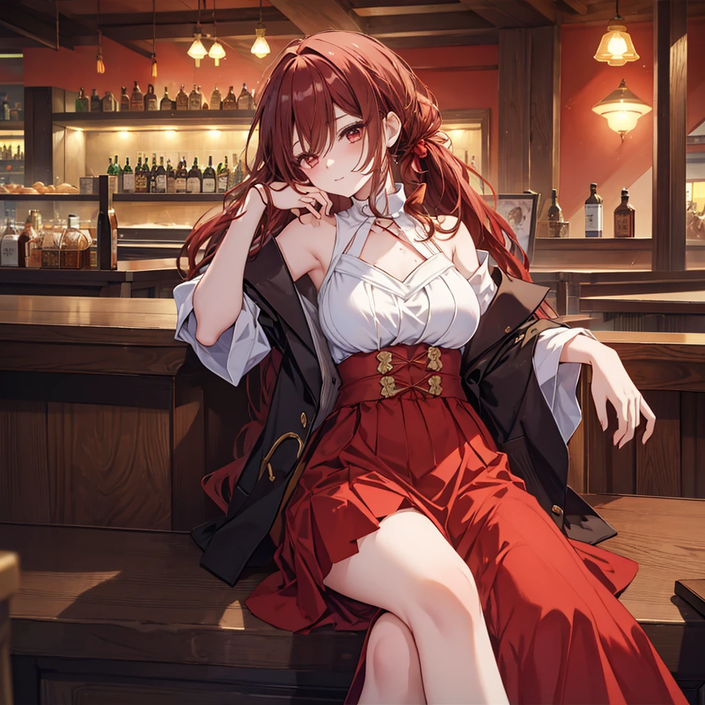 look back赤髪の女, Long skirt, Anime style painting, An illustration, liquor, Woman sitting at a bar drinking a cocktail, look back, Turn your back, Small face, 背景の棚には多彩な色のliquor瓶が並んでいる, Quiet bar, Calm expression, Perfect hands, elder, Red Hair, The dignity of a 50-year-old, ほろ酔いのwoman, solo、(Highly detailed background:1.0)、(Highly detailed background:1.0)、masterpiece、Highest quality、(Babes)、Fractal Art、Red eyes、Narrow eyes、Black and red dress, Reddish lips、From the shoulders up、smile、One Woman、Red long ponytail, Curly Hair, Red eyes,Golden accessories, solo, Big Breasts, woman, Take-out, Provocative laughter,40 year old woman,Queen of Sadism, Highly detailed background, Perfect Human Medicine, 