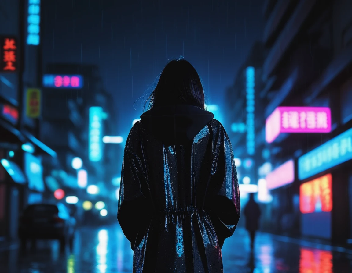 Back view of an adult woman，night，raindrop，City night scene，Neon，Dark Style
