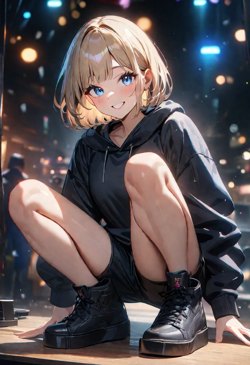 (((One girl))), Shibuya, street, blond hair, bob cut, (looking at viewer), (((full body))), squatting, spread legs, ((arm support on legs)), breasts, ager, head tilt:1.3, (((blue eye))), constricted pupils, (from side:1.3), ((happy smile)), (((black hoodie:1.3, black shorts:1.3))), bare legs, ((black platform high cut sneakers)), anime style, (best quality, 4k, 8k, highres, masterpiece:1.2, ultra-detailed, ultra-detailed eyes, HDR, UHD, studio lighting, ultra-fine painting, sharp focus, physically-based rendering, extreme detail description, professional, vivid colors, bokeh)