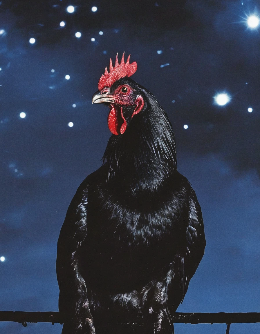 black rooster sits on electric pole with many electric cables in bangkok at night