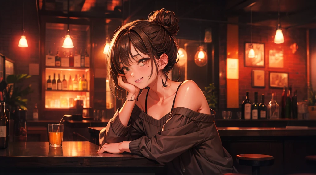 masterpiece, best quality, high quality, detailed, ultra detailed, hyper detailed, insanely detailed, exquisite, beautiful, FHD, Full-HD, 4K, 8K, 16K, highres, absurdres, bar, woman, interior photo, laughing, hair bun, brown hair, brown eyes, pale skin, beauty mark, in the bar, with a table, at night, chill atmosphere,full body