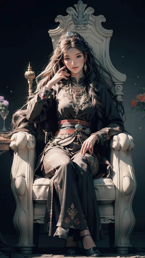 The Empress sits cross-legged on the throne, the head chair has a dragon head sculpture, the view is from top to bottom, the courtiers flank her left and right, the background is the throne hall, the highest quality, the resolution. High,definition 8k: realistic 3D illustrations