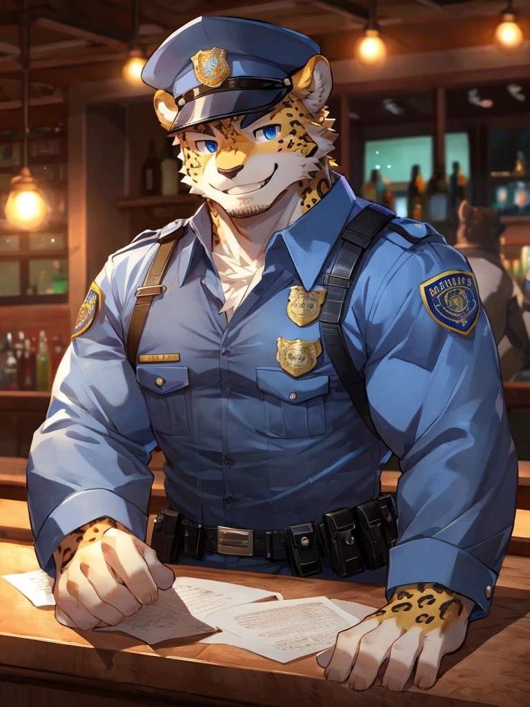 embedding:Leopard,Pale blue eyes,Single Person,Male.Solo,Chief of police,Wearing a police uniform,Wearing a police cap,At the bar,a scar on body.Night,Tertiary,Stubble,muscle,smile,Maturity,Robust,Best quality hands, best quality eye,detailed fur,Delicate eyes.Extreme picture quality,by sollyz,by zixiong,by milkytiger1145