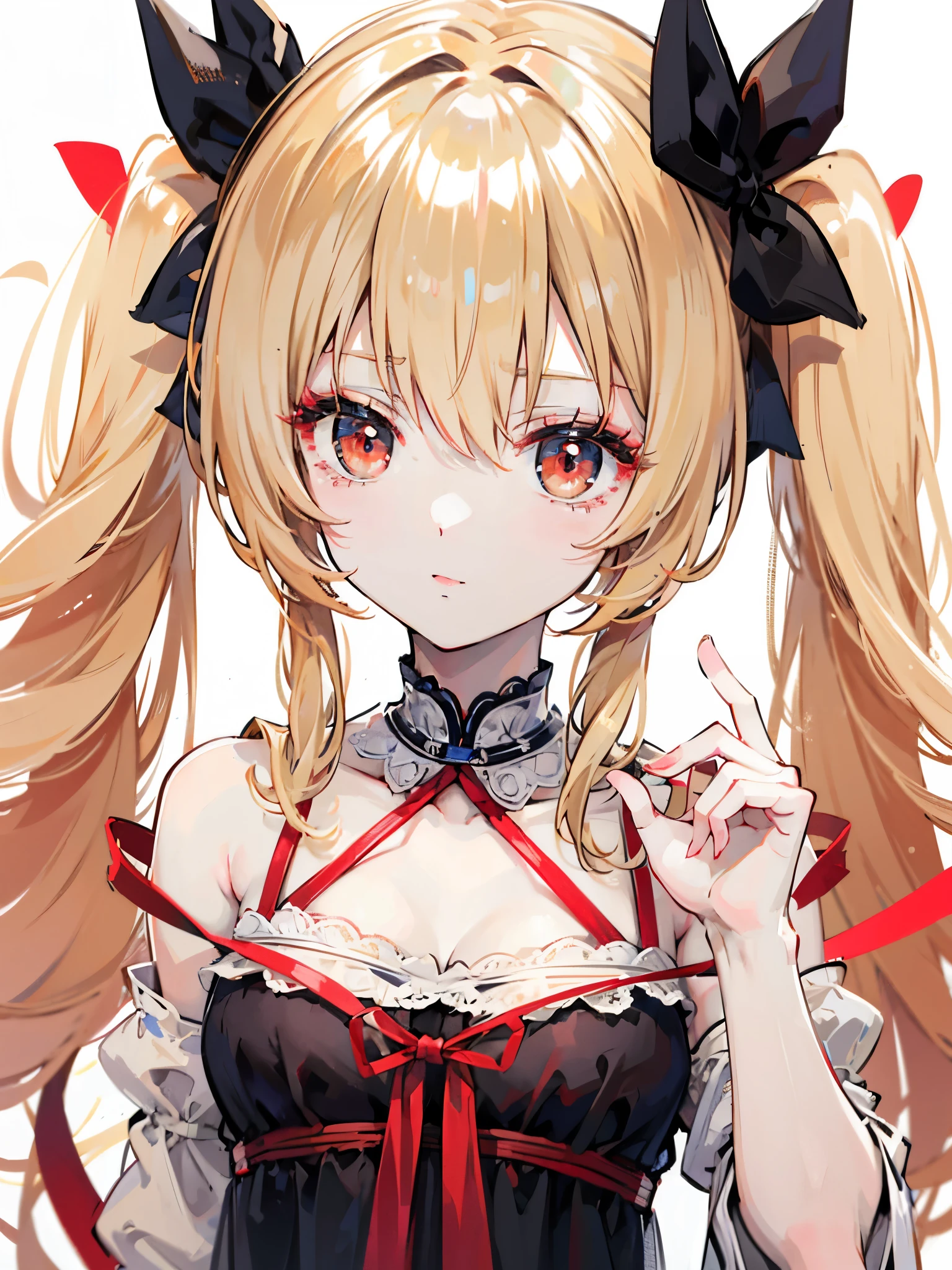 G41 hairstyle, outfit-G41, 1girl, solo, long hair, animal ears, heterochromia, red eyes, blue eyes, blonde hair, very long hair, paw pose, hair between eyes, blush, looking at viewer, mechanical arms, hair ornament, bangs, white background, hands up, twintails_<lora:outfit-G41-pynoise:1>