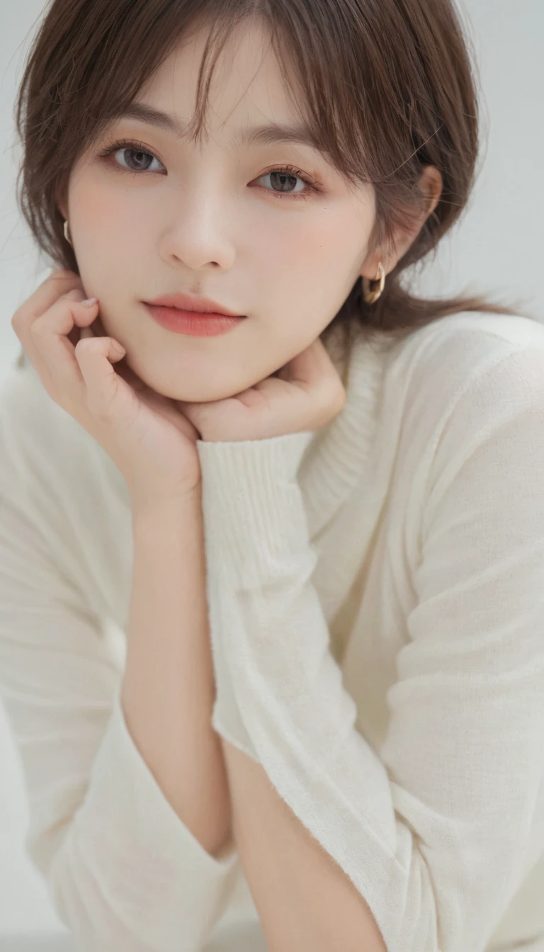 xxmixgirl, Analog Style, Eye focus, Highest quality, (Very detailed skin), Exquisitely beautiful white skin photos, 21 years old, Perfect Face, Captivating eyes, (Seductive makeup: 1.3), Skin pores, (Bokeh:1.5), Sharp focus, Dappled Lighting, (Backlight), Film Grain, (Very detailed, Exquisitely crafted), 8K, High resolution, Front view, Studio Light, Very detailed顔, Fine grain, (double eyelid: 1.4), Aristogle, Brown eyes, (commercial: 1.6), (Natural Makeup), ((White studio background: 2))、Summery white fashion、