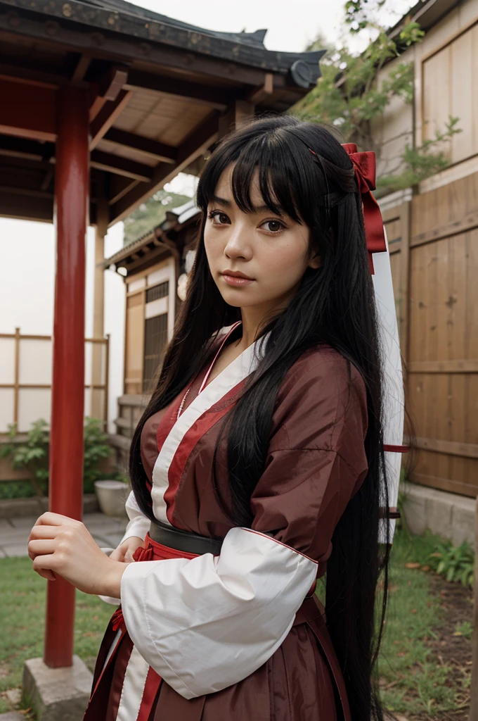 Character anime inuyasha, Woman, long black hair with a red ribbon, wearing traditional Japanese clothing, carry an arrow