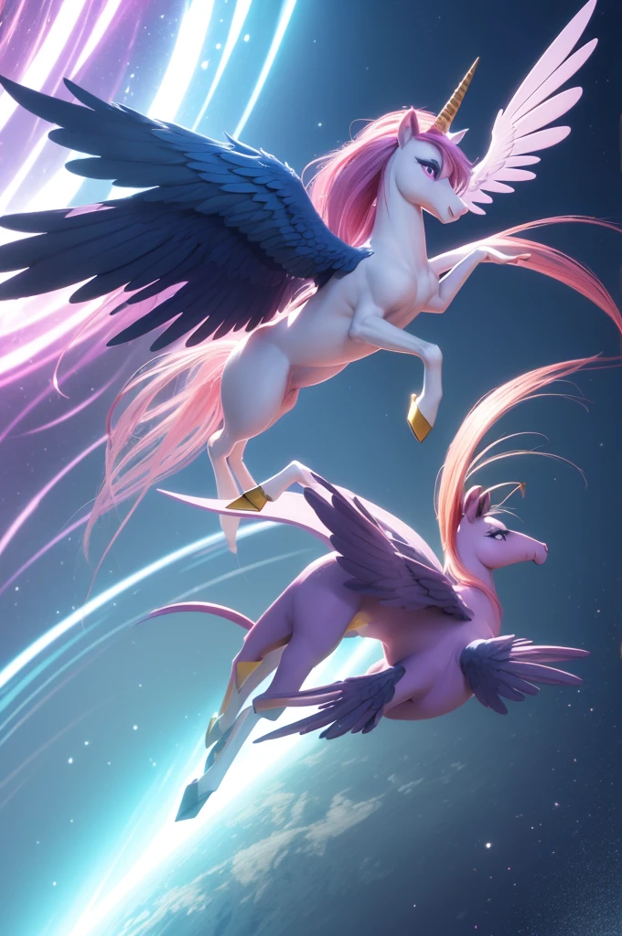 Make an image of an alicorn character from My Little Pony kicking a man backwards