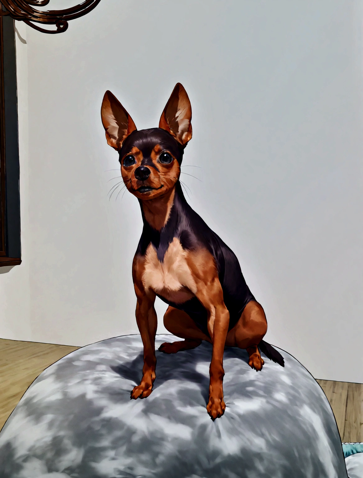 (The whole body is brown, black and white:1.8),Brown Miniature Pinscher,looking at the camera,(shake your head:1.5),It looks like a lot of fun,biologically correct