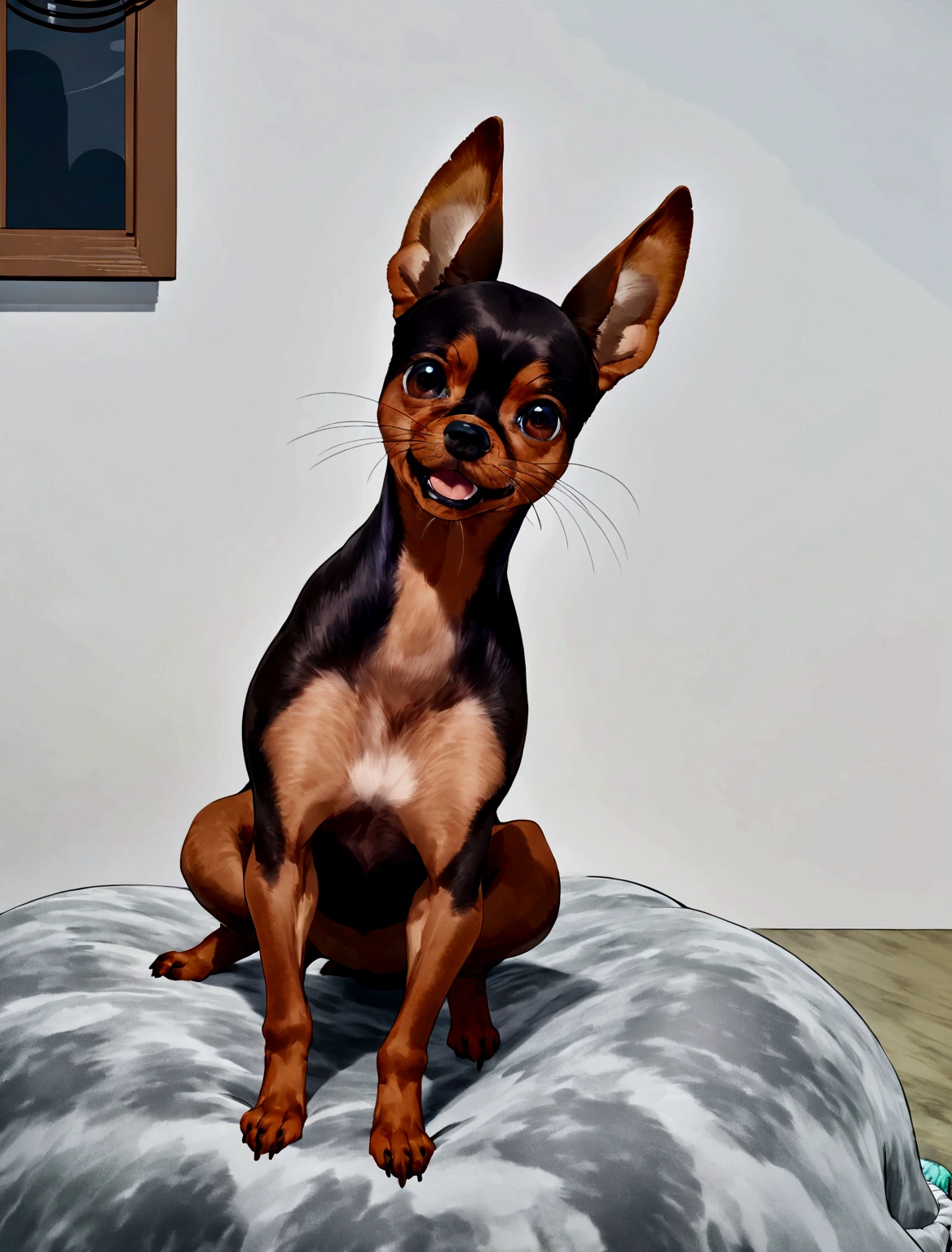 (The whole body is brown, black and white:1.8),Brown Miniature Pinscher,looking at the camera,(shake your head:1.5),It looks like a lot of fun,biologically correct