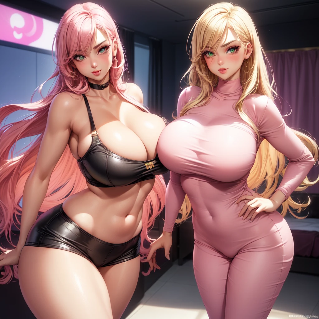 ((1 girls), solo, Big round breasts, trendy, stylish,, thighs, hips, realistic, pink hair, blonde hair, light green eyes, lip gloss, detailed face, amazing big eyes, eye details, big lips, eyebrow details, blush, confident, dominant, bdsm, smirk, naughty, mischevious face, HD, good quality, curvy, standing up, thick thighs, attractive, amazing body, perfect body, slim thick, indoors, bedroom, pink pyjamas
