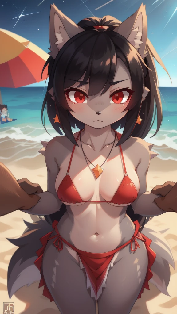 score_9,score_8_up,score_7_up, source_cartoon, source_furry, furry girl, wolf, black hair, punk hairstyle, huge long spiky ponytail, anime style, small breasts, red eyes, makeup, eyeshadows, ((deep red bikini ruffled triangle, high cut bottom, star necklace, beach sarong with shooting stars on hips)), high quality, detailed body, detailed eyes, detailed face, masterpiece, glistening body, detailed body fur, best quality, two tone body, gray fur, clear gray fur, perfect lighting, perfect shadows, perfect eyes, perfect hair, perfect face, gorgeous body, skinny, :3, shy, glowing red eyes, street, from above, motion blur, POV hands / torso grab, multiple hands grab her whole body, people on background,