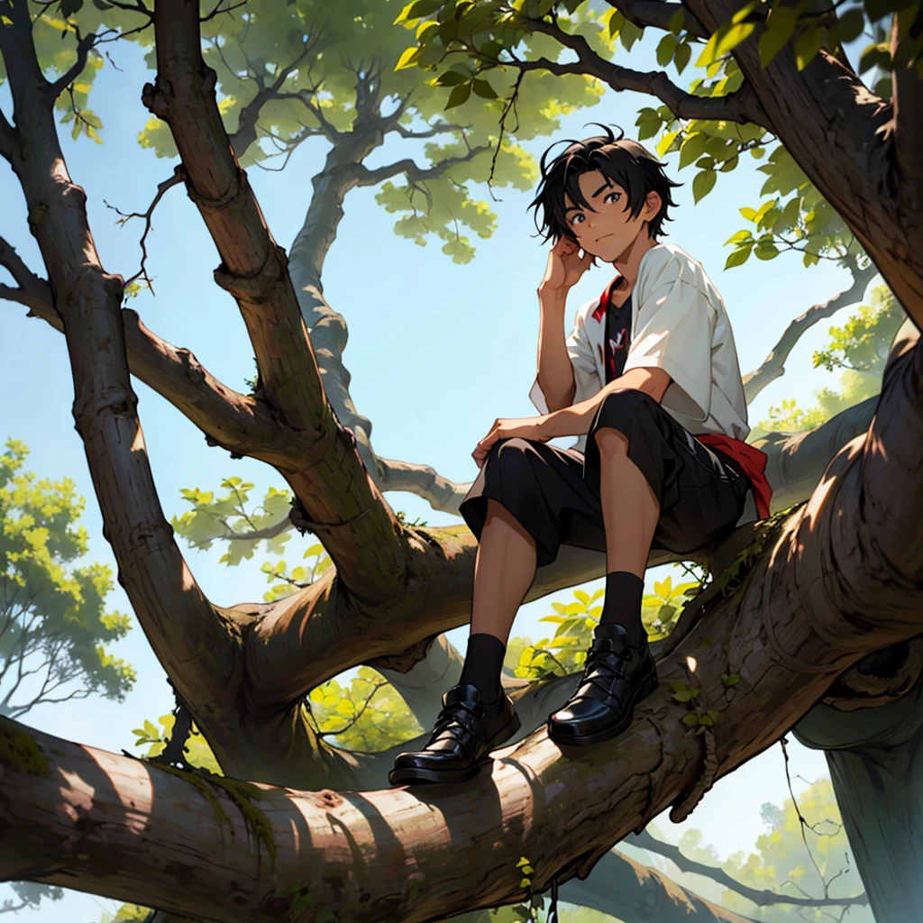 A -yeld boHe has black hair, reddish eyes, Average height, wear clothes made from natural resources. He is sitting in a tree.
