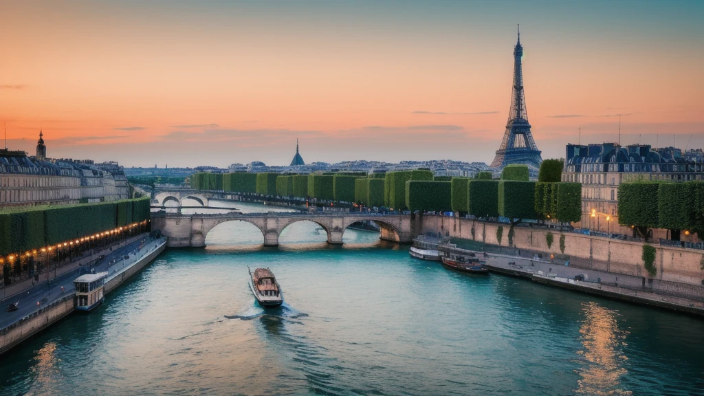RAW photo of a landscape, small details, photorealistic, ultra-realistic photo, 8k uhd, dslr, soft lighting, high quality, film grain, Fujifilm XT3, (masterpiece), vibrant mix of mid teal orange, an urban sunset scene with the Eiffel Tower as the main focus. Clearly texture of Eiffel Tower. The Seine River flows through Paris, and iconic landmarks like the Grande Mosquée de Paris and Pont Alexandre III are visible. The warm hues of sunset paint the sky in teal and orange, casting a glow over the Eiffel Tower and the city. Boats like Bateaux Mouches sail on the river, adding to the vibrant atmosphere.