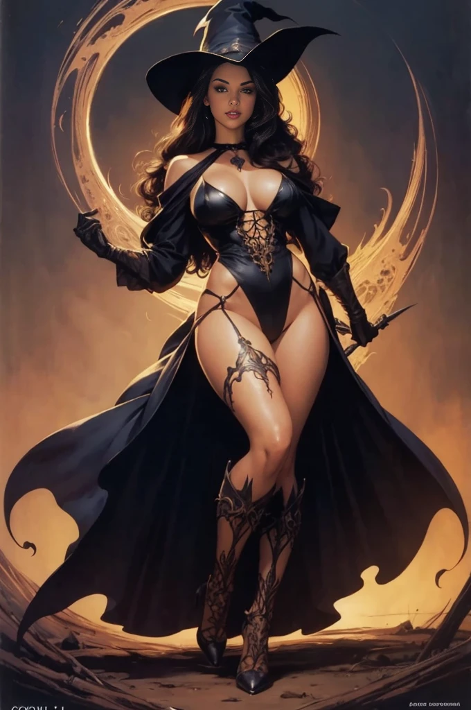 Full body drawing by J. Scott Campbell and Frank Frazetta, Gorgeous Witch, Top quality masterpiece, Centerfold Photo, Line art, Realistic, Super detailed, Perfect Face, Perfect lips and eyes