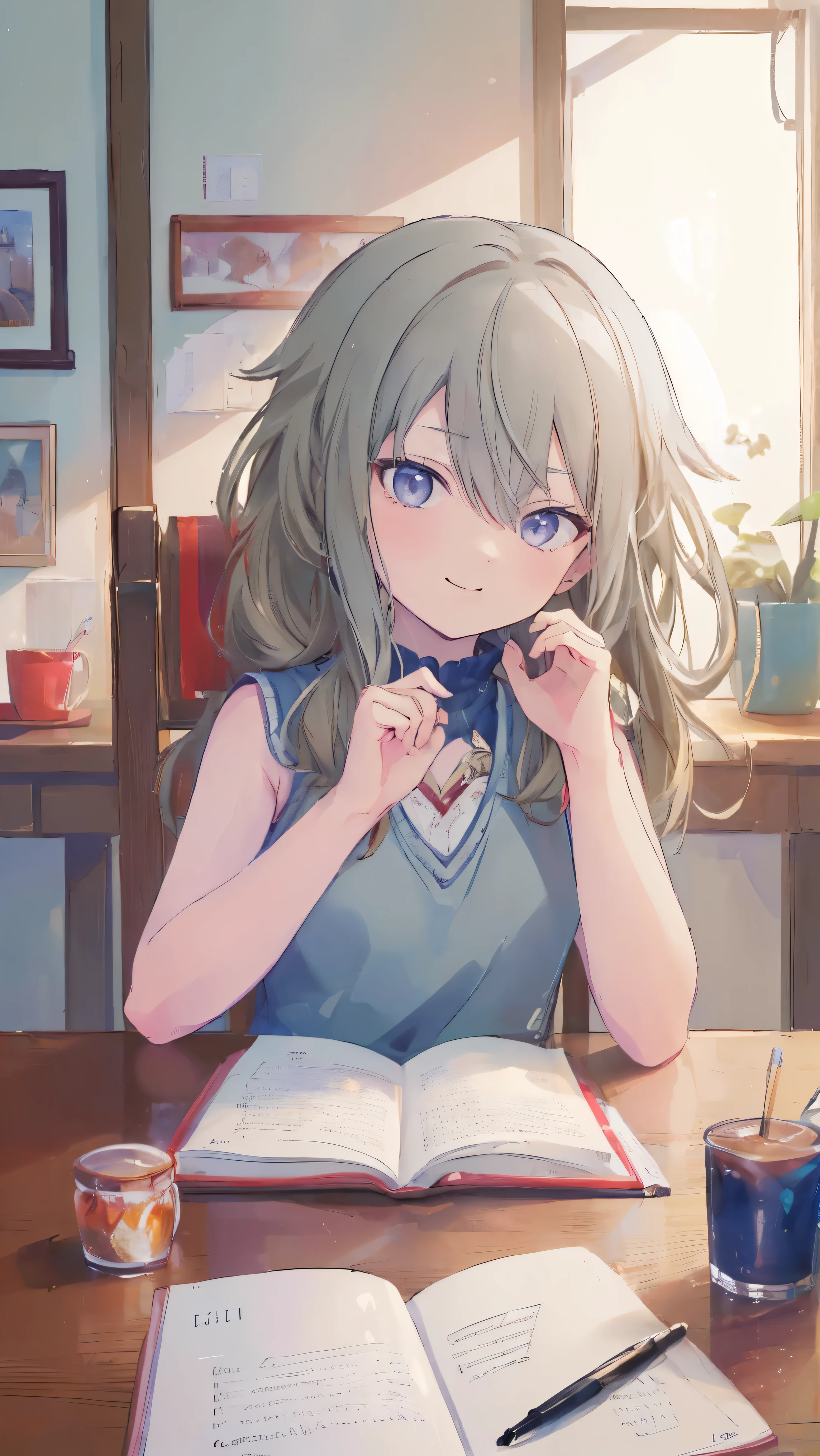 (masterpiece, Highest quality:1.6),Best image quality、Highest quality、Perfect lighting,masterpiece、Best image quality、Highest quality、smile、Show your hand, Put your elbows on the table, Slap in the face、Chest close-up, Sleeveless, Knitted sweater