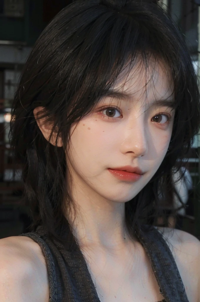 (Skin details:1.4), (smooth skin textures:1.3), Lipstick, background,海滩background, Direct vision, earrings, serene, calm, (Realistic and detailed eyes:1.2), Natural skin texture, Realistic facial details, Soft dramatic lighting, Vivid details, 35 mm film, outdoor, (Photo Practical:1.4), (hyper Practical:1.4), (Practical:1.3), (Smoother lighting:1.05), (Improve lighting quality:0.9), (Highest quality real skin textures:1.4), Exquisite eyes, Delicate face, Close-up of face, (Enhance the beauty of skin texture:1.1), Hair details, Vest,normal body ratio, short hair, Moles under the eyes, thinking, A faint smile,公园background,Portrait Photography, Depth of Field, Bokeh, Surrealism, Ray Tracing, (Portrait Photography:1.1), Surrealism, High Detail, Chiaroscuro, Ray Tracing, reflected light, Ultra HD, Ultra HD, masterpiece, Textured Skin, Super Detail, High Detail, high quality, best quality