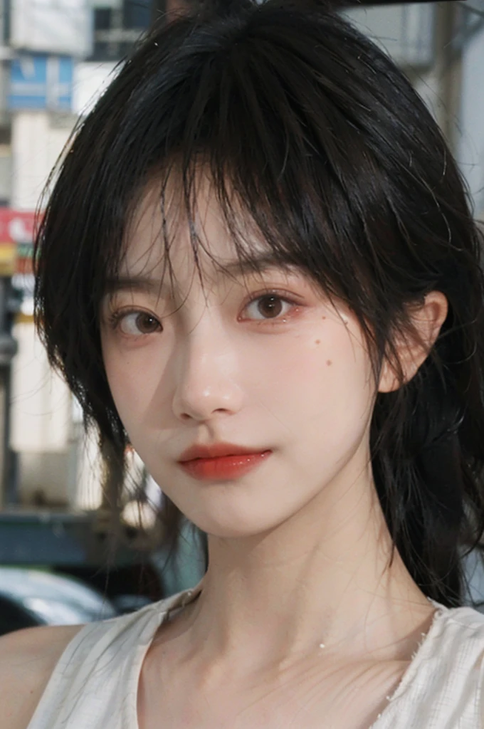(Skin details:1.4), (smooth skin textures:1.3), Lipstick, background,海滩background, Direct vision, earrings, serene, calm, (Realistic and detailed eyes:1.2), Natural skin texture, Realistic facial details, Soft dramatic lighting, Vivid details, 35 mm film, outdoor, (Photo Practical:1.4), (hyper Practical:1.4), (Practical:1.3), (Smoother lighting:1.05), (Improve lighting quality:0.9), (Highest quality real skin textures:1.4), Exquisite eyes, Delicate face, Close-up of face, (Enhance the beauty of skin texture:1.1), Hair details, Vest,normal body ratio, short hair, Moles under the eyes, thinking, A faint smile,公园background,Portrait Photography, Depth of Field, Bokeh, Surrealism, Ray Tracing, (Portrait Photography:1.1), Surrealism, High Detail, Chiaroscuro, Ray Tracing, reflected light, Ultra HD, Ultra HD, masterpiece, Textured Skin, Super Detail, High Detail, high quality, best quality
