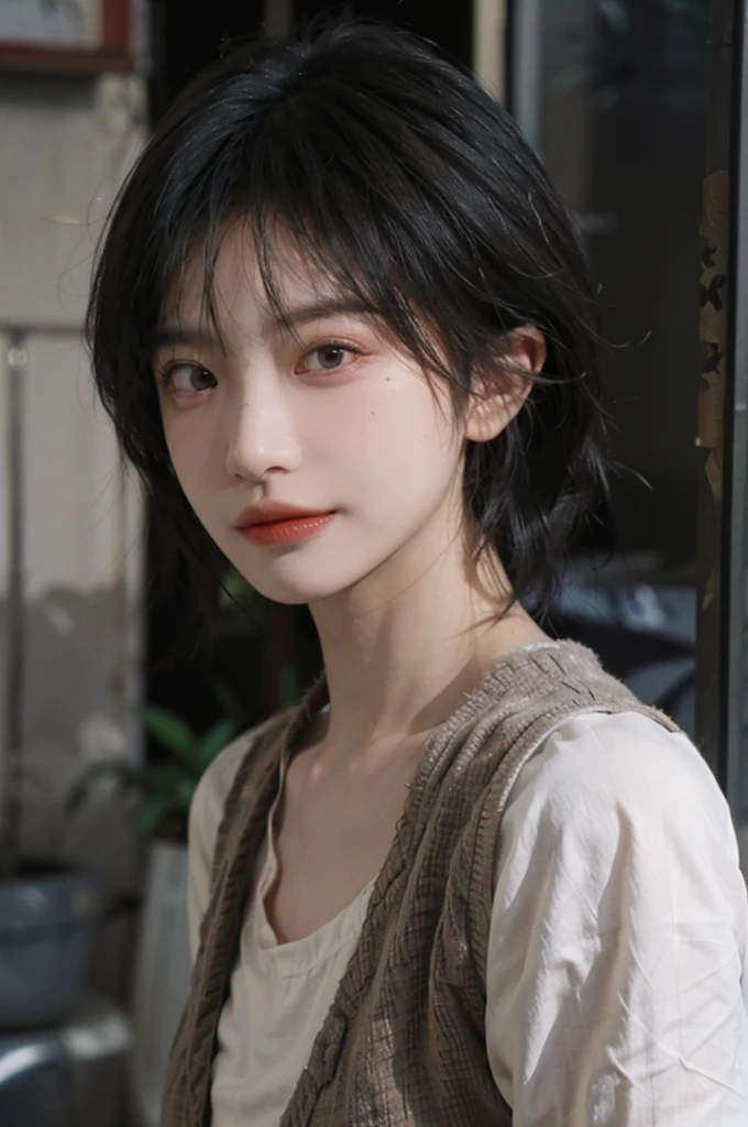 (Skin details:1.4), (smooth skin textures:1.3), Lipstick, background,海滩background, Direct vision, earrings, serene, calm, (Realistic and detailed eyes:1.2), Natural skin texture, Realistic facial details, Soft dramatic lighting, Vivid details, 35 mm film, outdoor, (Photo Practical:1.4), (hyper Practical:1.4), (Practical:1.3), (Smoother lighting:1.05), (Improve lighting quality:0.9), (Highest quality real skin textures:1.4), Exquisite eyes, Delicate face, Close-up of face, (Enhance the beauty of skin texture:1.1), Hair details, Vest,normal body ratio, short hair, Moles under the eyes, thinking, A faint smile,公园background,Portrait Photography, Depth of Field, Bokeh, Surrealism, Ray Tracing, (Portrait Photography:1.1), Surrealism, High Detail, Chiaroscuro, Ray Tracing, reflected light, Ultra HD, Ultra HD, masterpiece, Textured Skin, Super Detail, High Detail, high quality, best quality