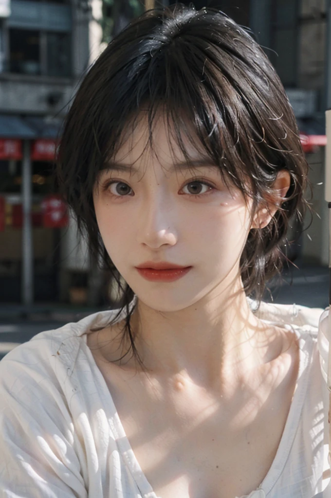 (Skin details:1.4), (smooth skin textures:1.3), Lipstick, background,海滩background, Direct vision, earrings, serene, calm, (Realistic and detailed eyes:1.2), Natural skin texture, Realistic facial details, Soft dramatic lighting, Vivid details, 35 mm film, outdoor, (Photo Practical:1.4), (hyper Practical:1.4), (Practical:1.3), (Smoother lighting:1.05), (Improve lighting quality:0.9), (Highest quality real skin textures:1.4), Exquisite eyes, Delicate face, Close-up of face, (Enhance the beauty of skin texture:1.1), Hair details, Vest,normal body ratio, short hair, Moles under the eyes, thinking, A faint smile,公园background,Portrait Photography, Depth of Field, Bokeh, Surrealism, Ray Tracing, (Portrait Photography:1.1), Surrealism, High Detail, Chiaroscuro, Ray Tracing, reflected light, Ultra HD, Ultra HD, masterpiece, Textured Skin, Super Detail, High Detail, high quality, best quality