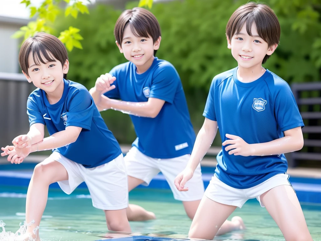 夏休みのprimary school校、Pool、primary school5Grade、Japan Boy、Glowing water splashes、A good boy dripping with water、hot day、Two Boys、Various poses、Short sleeve gym uniform、Blue shorts、physical education、barefoot,(Boy 1.4)、Boys only 、(10Age 1.4)