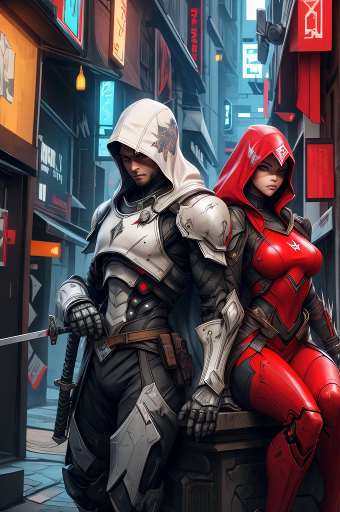 Two Cyberpunk Assassin's Creed Holding swords, Sitting super cool on the rafters on the wall on the restaurant street on a modern street. Robots work everywhere. Modern weapons. Modern red suit. Electronic city. Modern weapons. White suit. Hold the blade. Metal robot arm. Hold the gun.