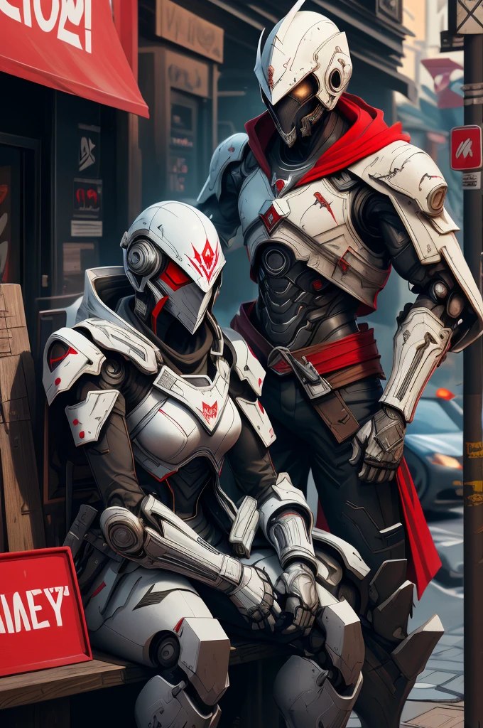 Two Cyberpunk Assassin's Creed Holding swords, Sitting super cool on the rafters on the wall on the restaurant street on a modern street. Robots work everywhere. Modern weapons. Modern red suit. Electronic city. Modern weapons. White suit. Hold the blade. Metal robot arm. Hold the gun.