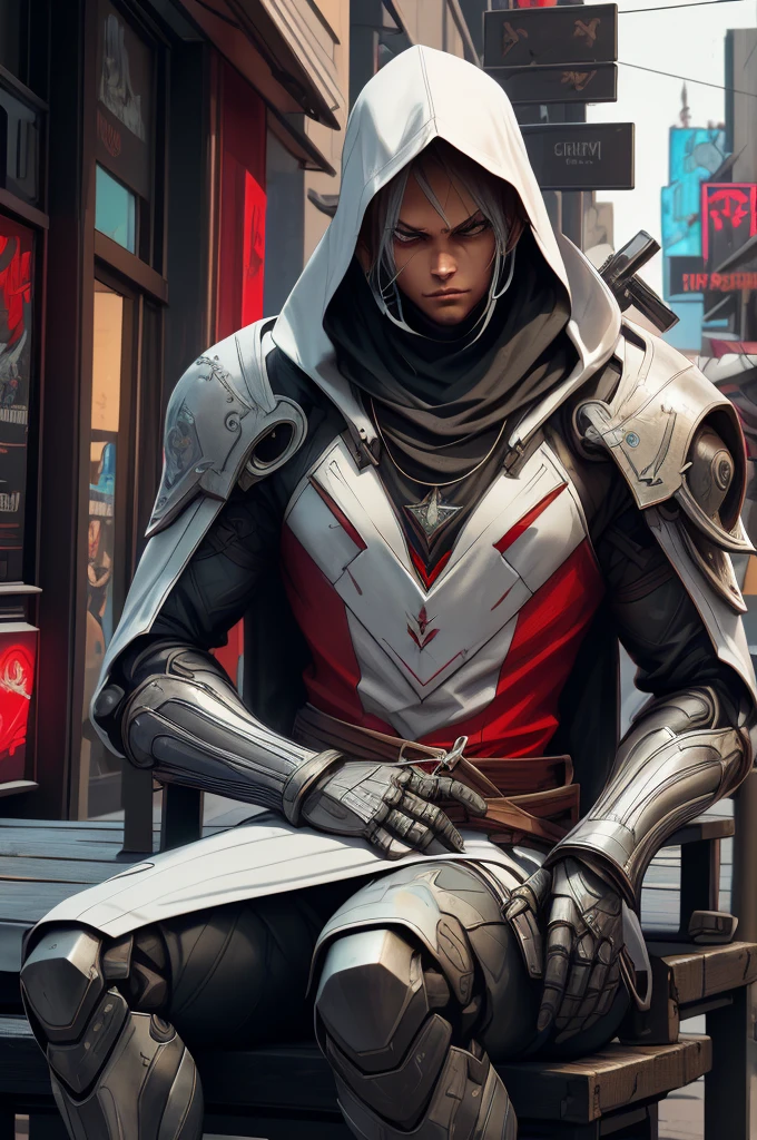 Two Cyberpunk Assassin's Creed Holding swords, Sitting super cool on the rafters on the wall on the restaurant street on a modern street. Robots work everywhere. Modern weapons. Modern red suit. Electronic city. Modern weapons. White suit. Hold the blade. Metal robot arm. Hold the gun.