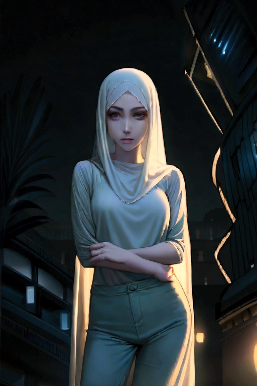masterpiece)), super detailed, highly detailed, 16k, high resolution, ((turkish girl hijab)), ((long hijab, close hijab)), fit body, perfect eyes, pale skin, fair skin, perfect skin, ((outdoor)), at night, ultra-delicate face, delicate eyes, double eyelids, half smile, Realistic, beautiful and delicate photo,heterosexual, braless, standing, ((night time, night sky, low light, darkness, dark night)), cold expression, cold pose, front view, ((Wide-leg linen pants)),(jungle)