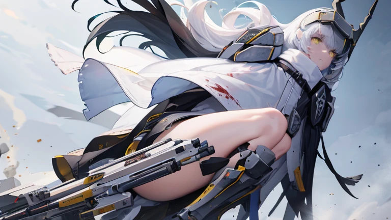 yellow eyes, white hair, long hair, headgear, mechanical boots, cloak, bare legs, single pauldron,war, blood, rifle, shooting, empty, cruel, sad,1 person