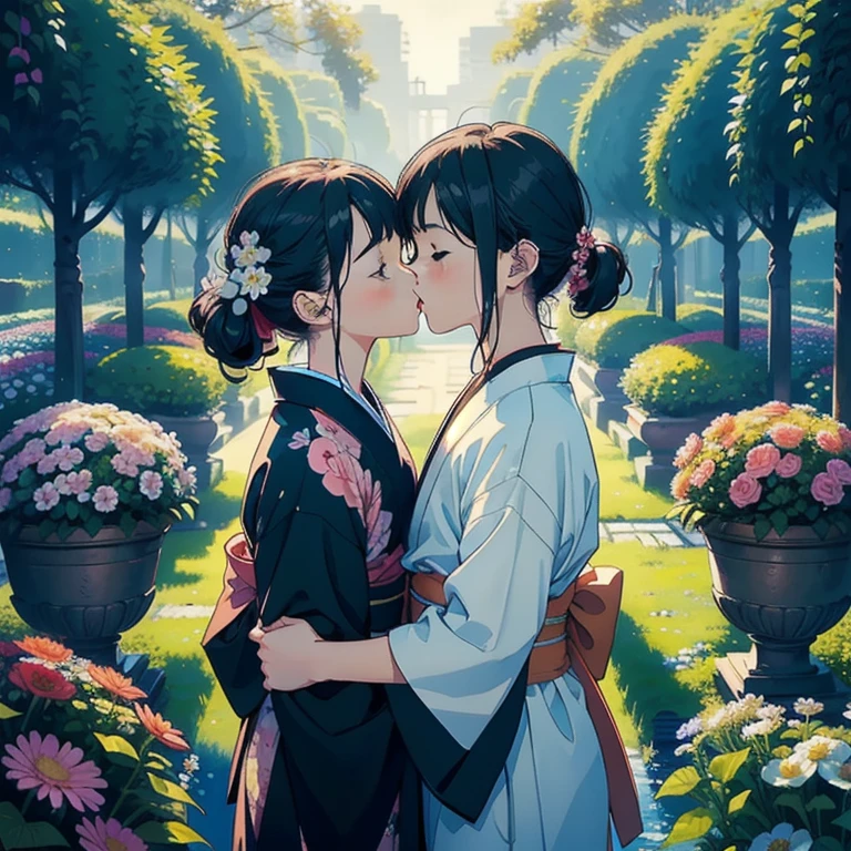 masterpiece, best quality, boy and girl, (in flower garden, flower arrangement, surreal background, they surrounded by flower), hug, face to face, kiss, side shot, kimono, upper body, water color