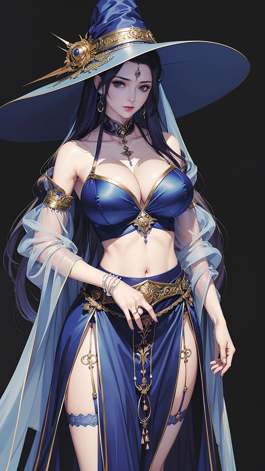 masterpiece, best quality, female, fortune, face portrait,ranni,blue hair,long hair, beautiful,witch hat,doll joints,blue skin,perfect anatomy,huge breasts,sexy bride outfit,garter belt,liff skirt,dress,(hip cutout),revealing hip,cleavage to navel,wet,oiled skin