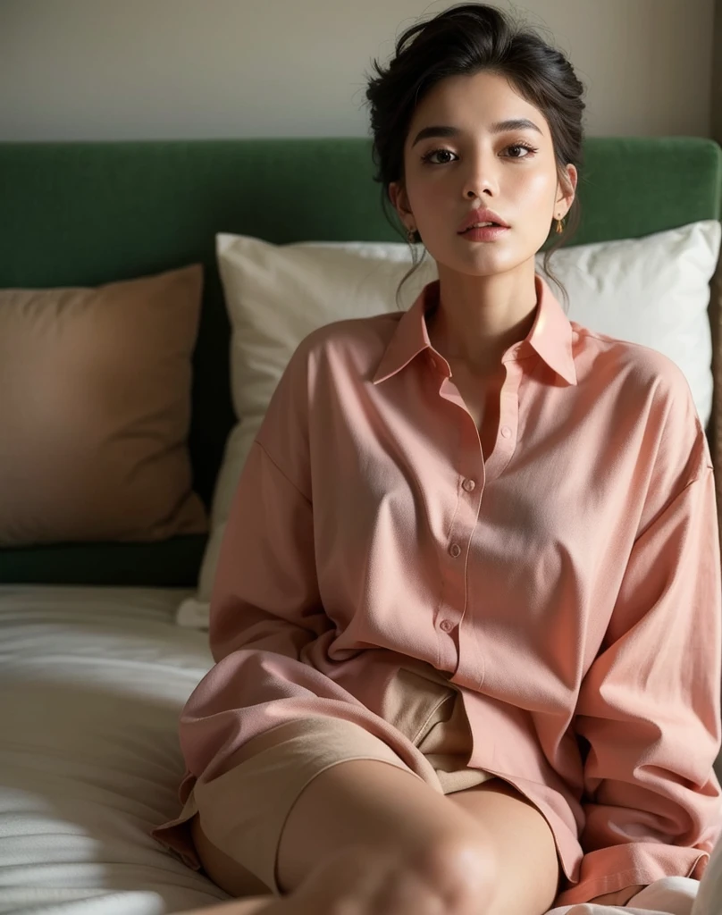 Super realistic, on the bed, relaxing, oversized shirt, his shirt, sleepy, natural make-up