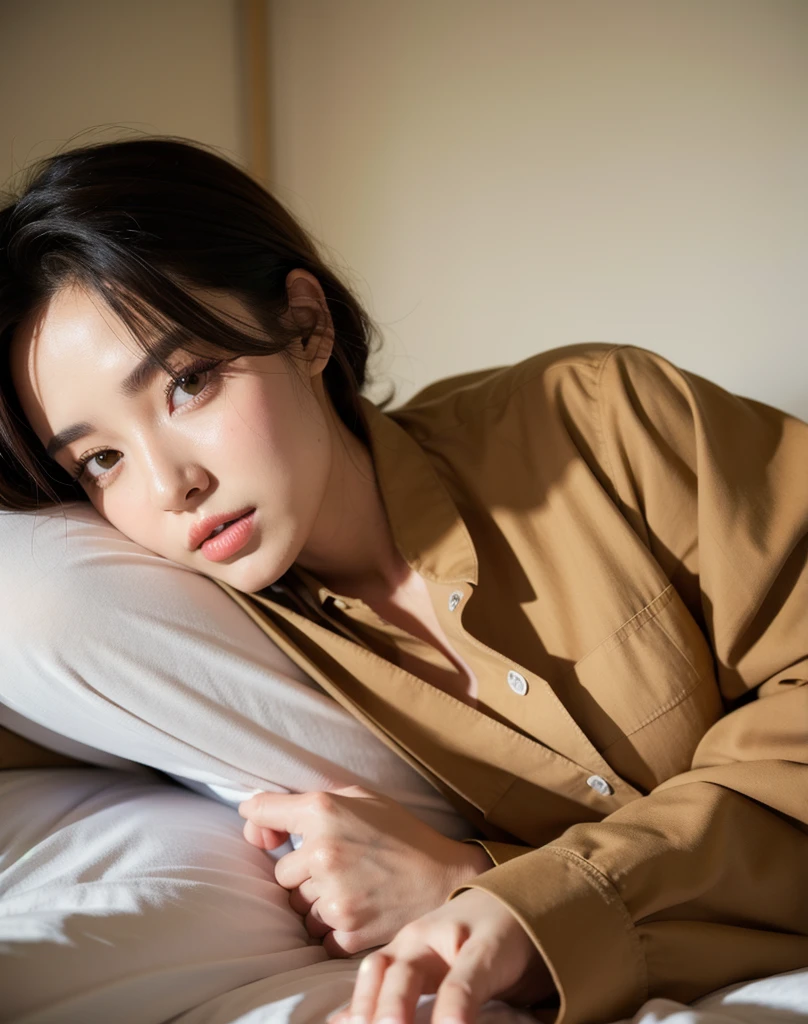 Super realistic, on the bed, relaxing, oversized shirt, his shirt, sleepy, natural make-up 