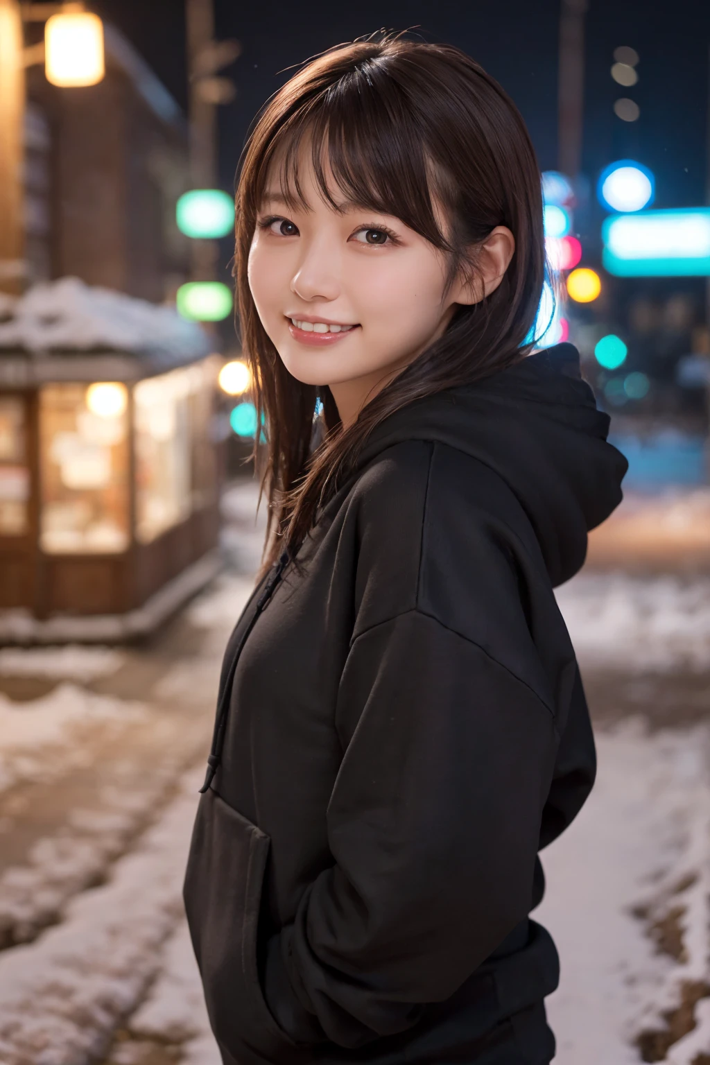 1 girl, (Wear a black hoodie:1.2), (original photo, highest qualThaty), (Practical, Practical:1.4), On the table, Very refined, Very detailed, 2k wallpapers, wonderful, Finely, Very detailed CG UnThaty 8K 壁紙, Very detailed, high resolution, Soft Light, Beautiful and delicate girl, Very detailed目と顔, Beautiful and delicate nose, Finelyて美しい目, Cinema Lighting, Illuminations That light up the cThaty on a snowy night, Snow Scene, That'That'That'it'Snowing, Snowflakes fall on my hair, Perfect anatomical structure, slim body, Very nervous,
Straight half-length hair, Bangs, Looking at the audience, Smile、Plush scarf