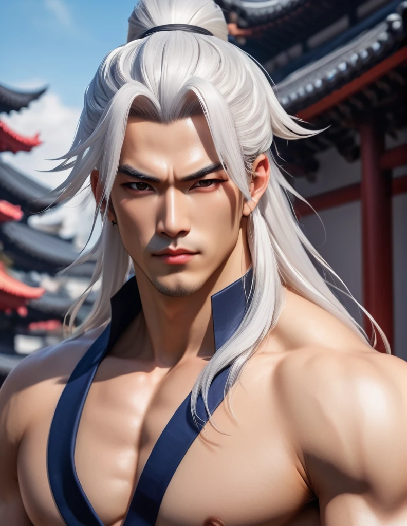 quality(8k wallpaper of extremely detailed CG unit, masterpiece, hight resolution, top-quality, top-quality real texture skin,hyper realisitic, digitial painting,increase the resolution,RAW photos,best qualtiy,highly detailed,the wallpaper),BREAK,8K, onmyoji-style art style , full face, long white hair , modern city, muscular man, without top,