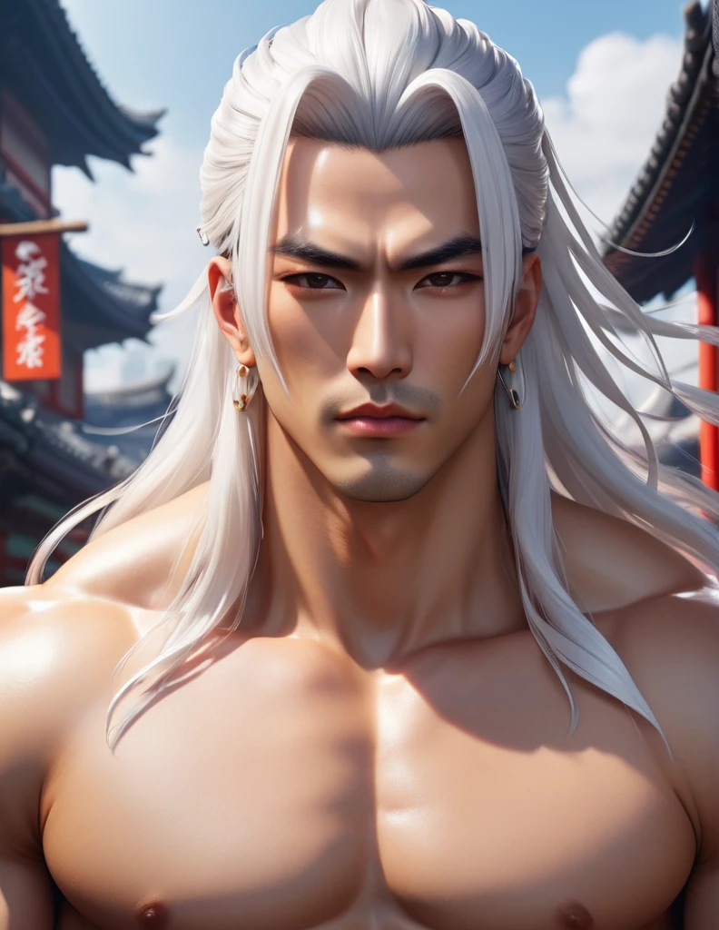 quality(8k wallpaper of extremely detailed CG unit, masterpiece, hight resolution, top-quality, top-quality real texture skin,hyper realisitic, digitial painting,increase the resolution,RAW photos,best qualtiy,highly detailed,the wallpaper),BREAK,8K, onmyoji-style art style , full face, long white hair , modern city, muscular man, without top,