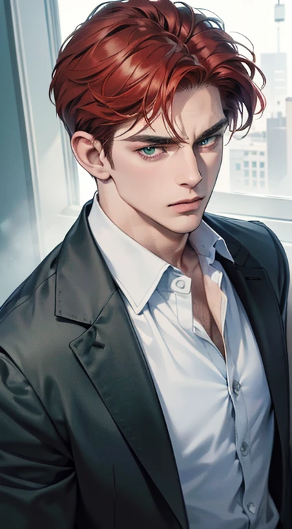 (best quality, masterpiece, 8K, photorealistic, cinematic lighting, 1:4 hdr image, ultra detailed, beautiful image), a mature man, 34 years very handsome, ((cold expression)), short red hair, green eyes, face perfect without mistakes, ((buttoning his jacket, CEO))