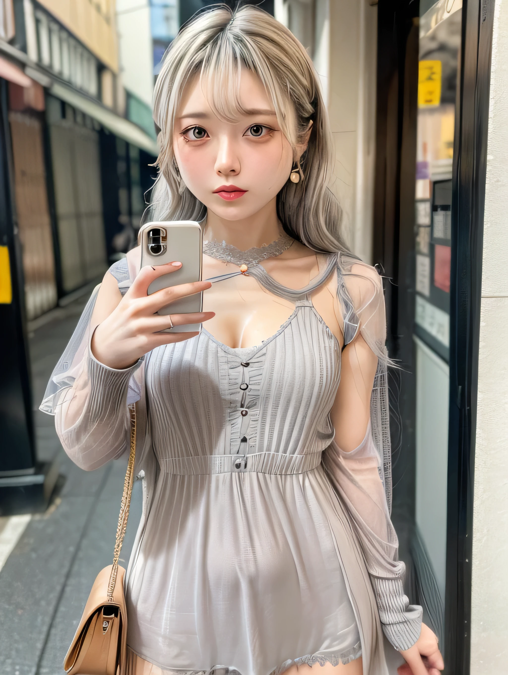 8K, RAW Photos, Fujifilm, Beautiful 20 year old woman style photo, (((Gray Hair:1.3,美しいGray Hairのストレートヘアー、シルキーなGray Hair)))、(((Sheer dress clothes:1.5,))) Gold earrings, (Highly detailed skin: 1.2), Light medium brown hair, Film Grain, 35mm, Cute Style、Open your mouth、living、(((Standing 1.5)))、Selfie with smartphone、skirt、Thighs