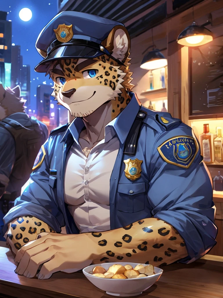 embedding:Leopard,Pale blue eyes,Single Person,Male.Solo,Chief of police,Wearing a police uniform,Wearing a police cap,At the bar,a scar on body.Night,Tertiary,Stubble,muscle,smile,Maturity,Robust,Best quality hands, best quality eye,detailed fur,Delicate eyes.Extreme picture quality,by sollyz,by zixiong,by milkytiger1145