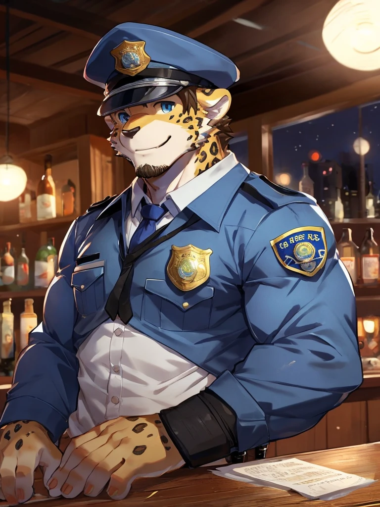 embedding:Leopard,Pale blue eyes,Single Person,Male.Solo,Chief of police,Wearing a police uniform,Wearing a police cap,At the bar,a scar on body.Night,Tertiary,Stubble,muscle,smile,Maturity,Robust,Best quality hands, best quality eye,detailed fur,Delicate eyes.Extreme picture quality,by sollyz,by zixiong,by milkytiger1145