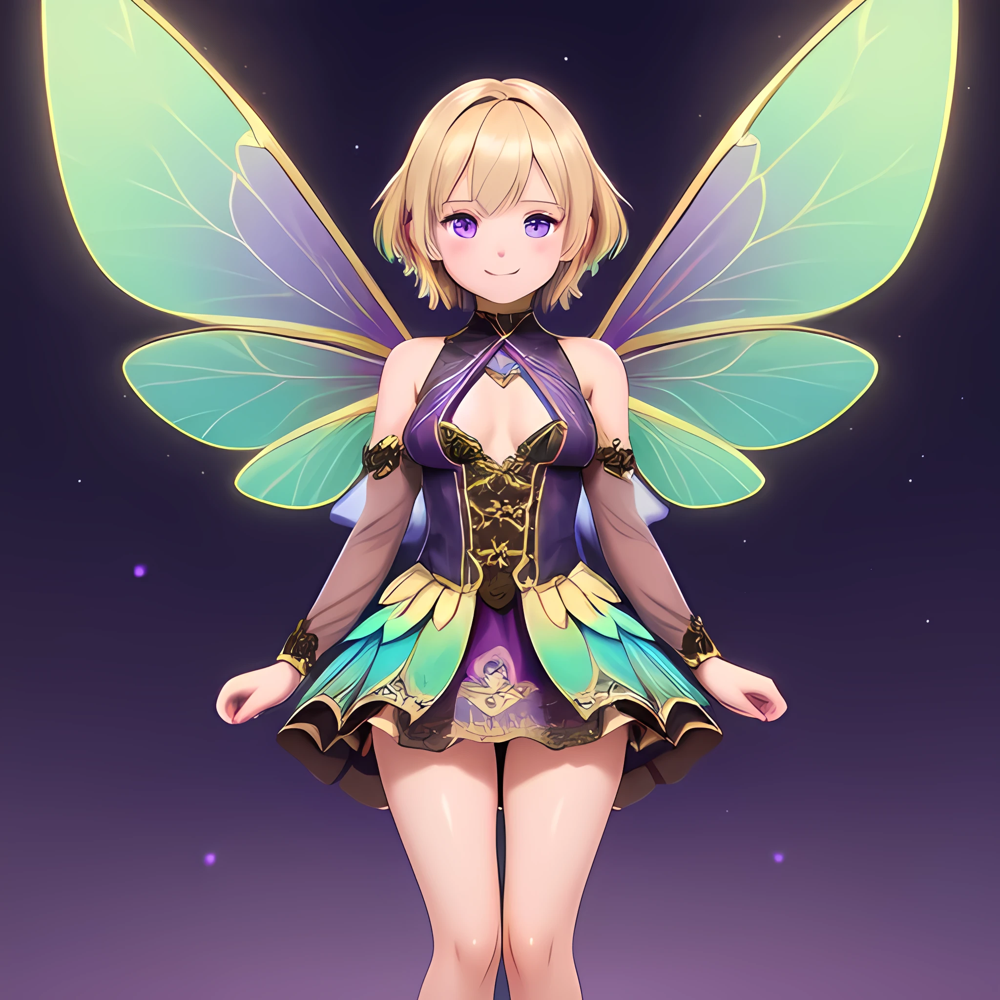 1 dragonfly girl with six wings, small smile,  short blonde hair, brown dress with skirt design, turquoise wings, purple eyes, 25 years old, big breasts, fullbody, detailed face, sharp focus, 8k, hyperrealistic, intricate details, fantasy art, cinematic lighting, vibrant colors, digital painting