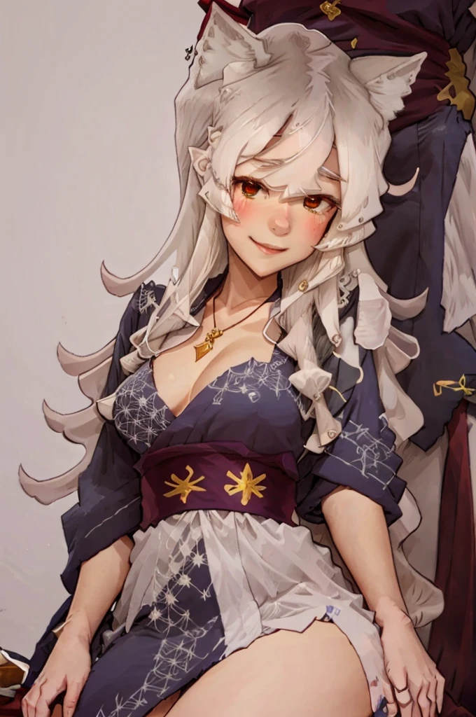 a close up of a woman with white hair and a white mask, beautiful character painting, epic exquisite character art, stunning character art, guweiz on pixiv artstation, sexy, hot, whore, slut, hoe, full body, seductive, seductive smile, small smile, shy, blushing, golden jewelry, folder tiara, necklace, golden, ribbons, red ribbons, kitsune, kitsune girl, 3 tailed fox girl, naked, vagina, white fox ears, fox tails, 3 fox tails, white hair, 