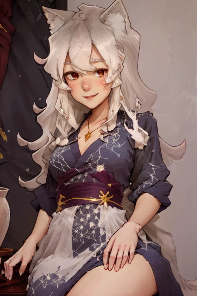 a close up of a woman with white hair and a white mask, beautiful character painting, epic exquisite character art, stunning character art, guweiz on pixiv artstation, sexy, hot, whore, slut, hoe, full body, seductive, seductive smile, small smile, shy, blushing, golden jewelry, folder tiara, necklace, golden, ribbons, red ribbons, kitsune, kitsune girl, 3 tailed fox girl, naked, vagina, white fox ears, fox tails, 3 fox tails, white hair, 