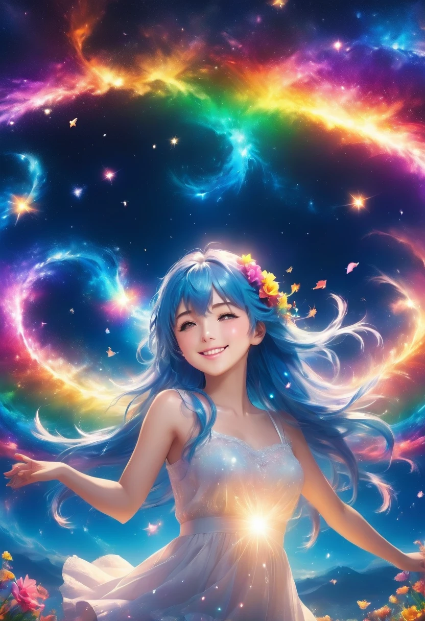 (wallpaper 8k CG), (masterpiece), (Highest quality), Anime Style, masterpiece, Long Hair, girl, (smile), flower-petals rainbow-colored musical notes and stars flowing from her fluttering blue hair. The background is a galaxy, star, Light