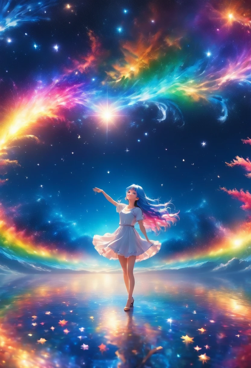 (wallpaper 8k CG), (masterpiece), (Highest quality), Anime Style, masterpiece, Long Hair, girl, (smile), flower-petals rainbow-colored musical notes and stars flowing from her fluttering blue hair. The background is a galaxy, star, Light