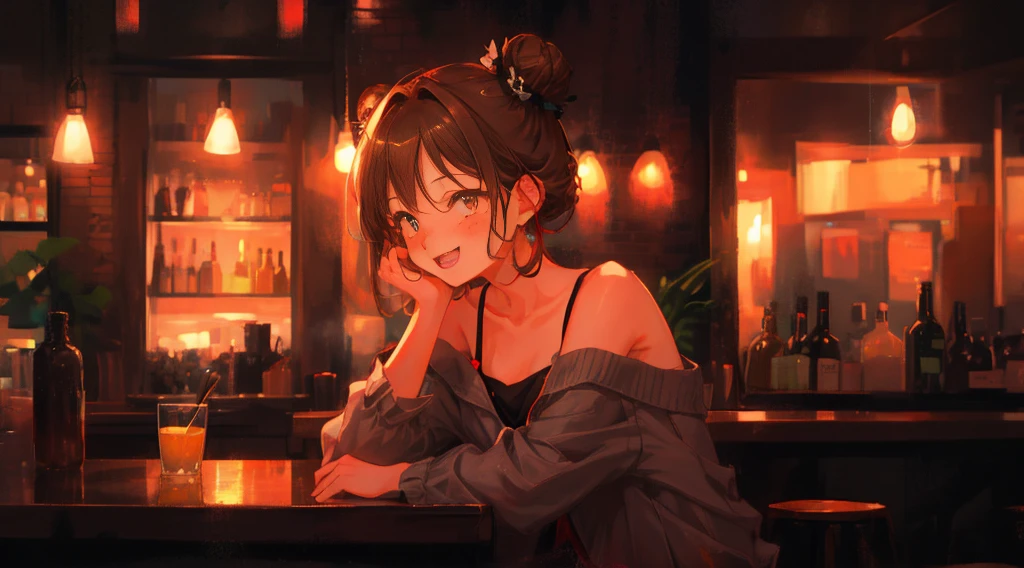 masterpiece, best quality, high quality, detailed, ultra detailed, hyper detailed, insanely detailed, exquisite, beautiful, FHD, Full-HD, 4K, 8K, 16K, highres, absurdres, bar, woman, interior photo, laughing, hair bun, brown hair, brown eyes, pale skin, beauty mark, in the bar, with a table, at night, chill atmosphere,full body