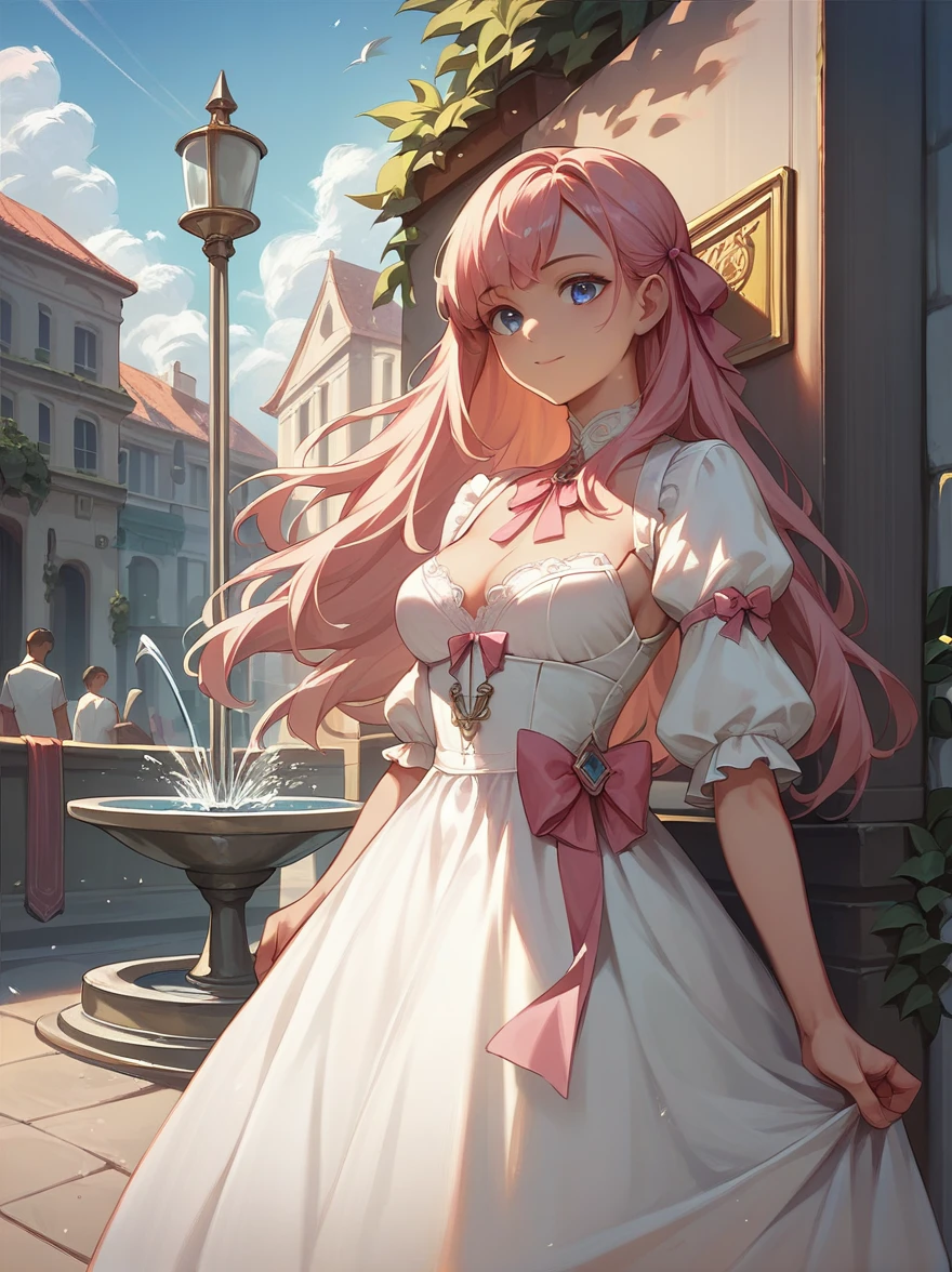 ((Best quality)), ((masterpiece)), (detailed), ((perfect face)), One Girl、Pink long hair、blue eyes、A white dress with black lace、large pink ribbon on the chest、Fountain in the square、Street stalls lined up、Mediterranean