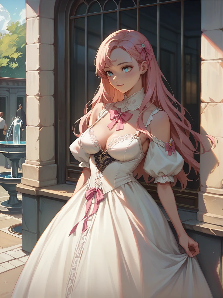 ((Best quality)), ((masterpiece)), (detailed), ((perfect face)), One Girl、Pink long hair、blue eyes、A white dress with black lace、large pink ribbon on the chest、Fountain in the square、Street stalls lined up、Mediterranean