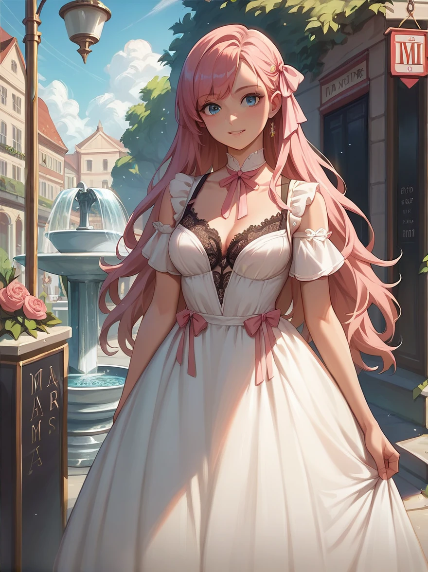 ((Best quality)), ((masterpiece)), (detailed), ((perfect face)), One Girl、Pink long hair、blue eyes、A white dress with black lace、large pink ribbon on the chest、Fountain in the square、Street stalls lined up、Mediterranean