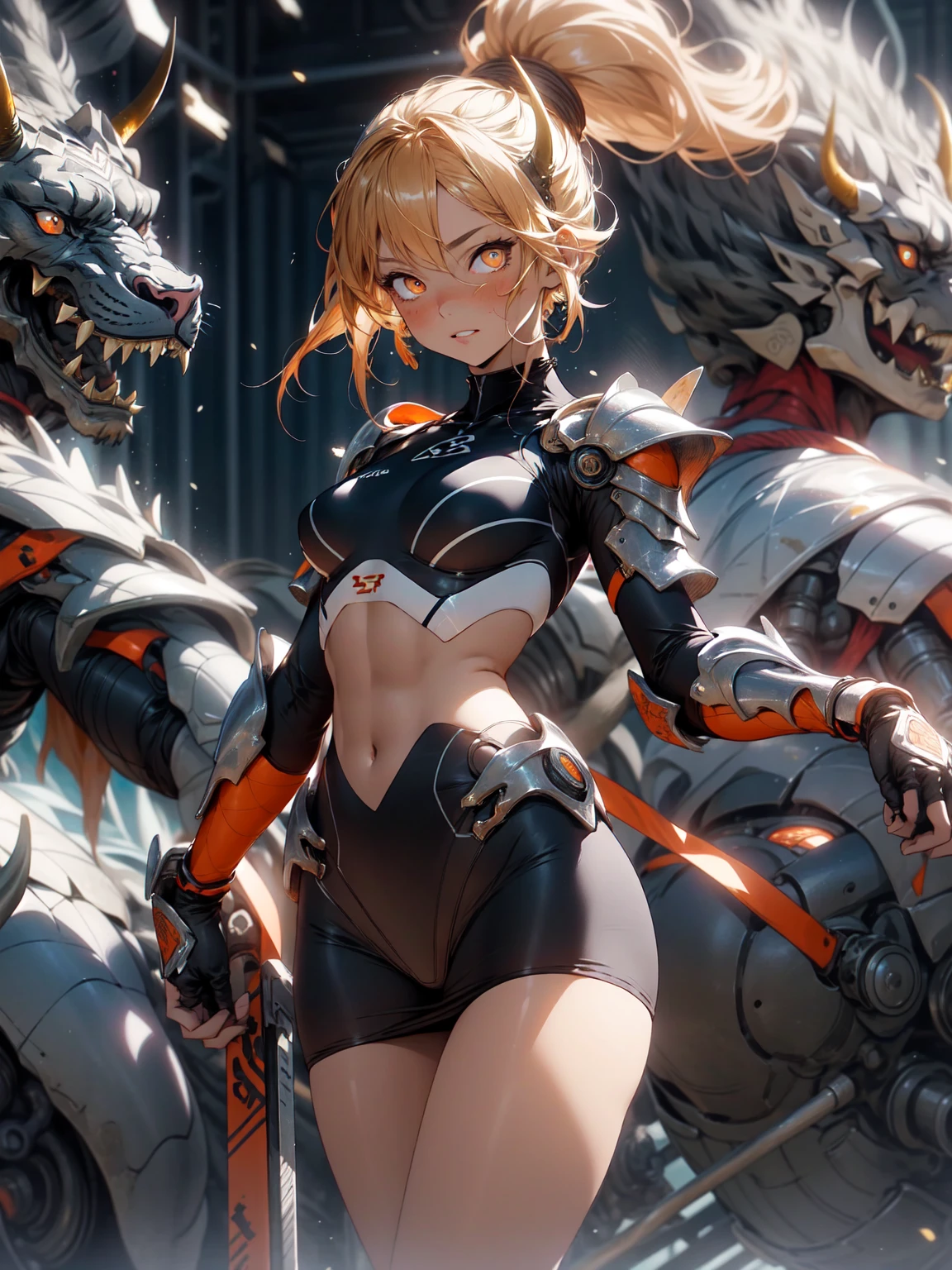 Be realistic,(masterpiece,Highest quality,Highest quality,Very detailed,Fractal Art,Most detailed,(Abstract background:1.5)(1 Girl),Kamimei,(Orange ponytail),(orange eyes light、Big Breasts,Toned Abs、Stunned),crystallization,Black competitive swimsuit、High Leg、Sexy、Mechanical Armor、Sunburned skin、Devil horns、Berserk、mini skirt、Large scratches